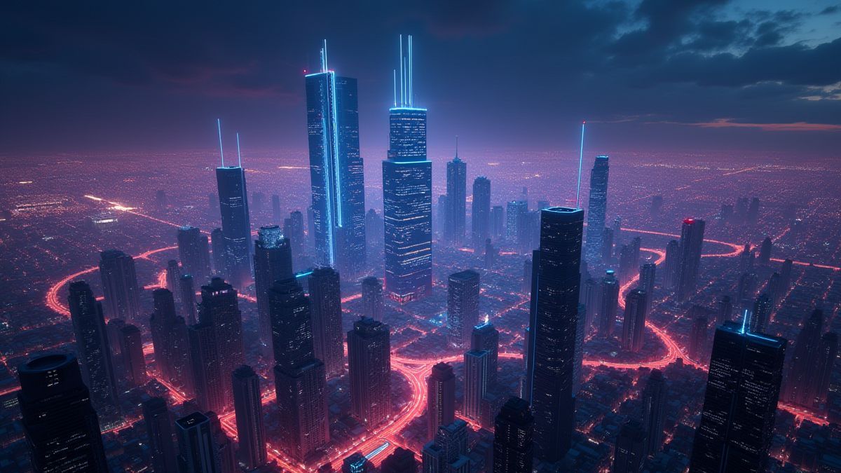 Uma cidade futurista iluminada por luzes de néon à noite.