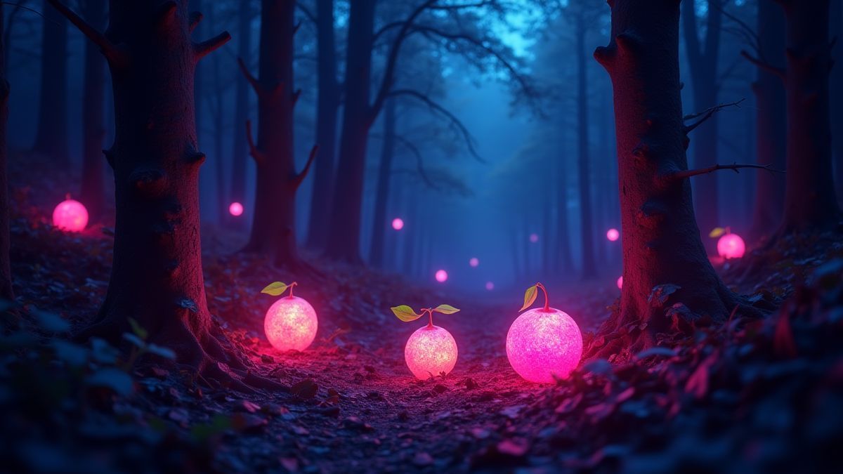 Frutas de néon brilhando em um bosque escuro