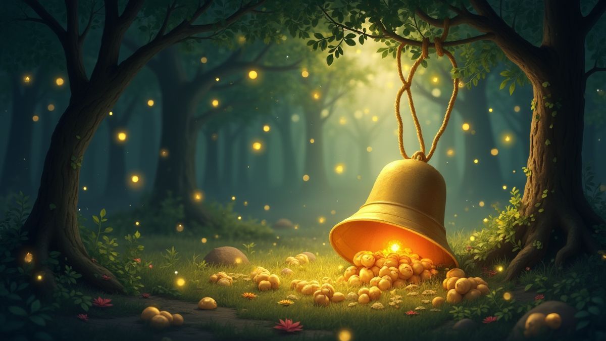 Campanas douradas brilhando em um bosque encantado