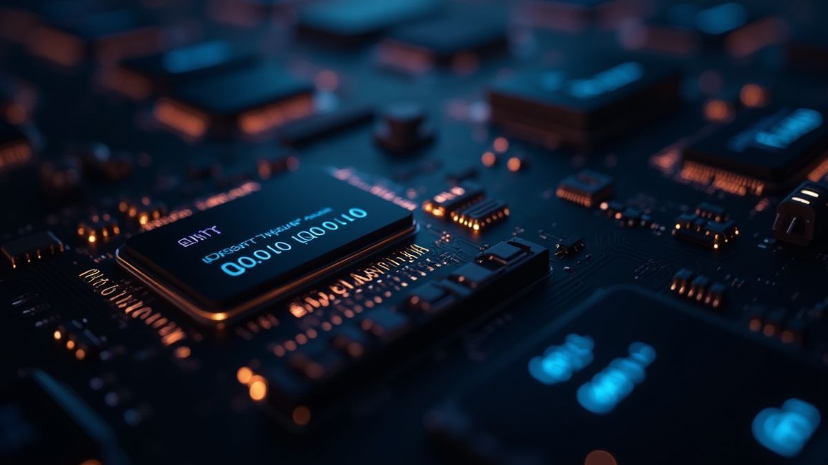 Circuitos brillantes con código binario en movimiento.