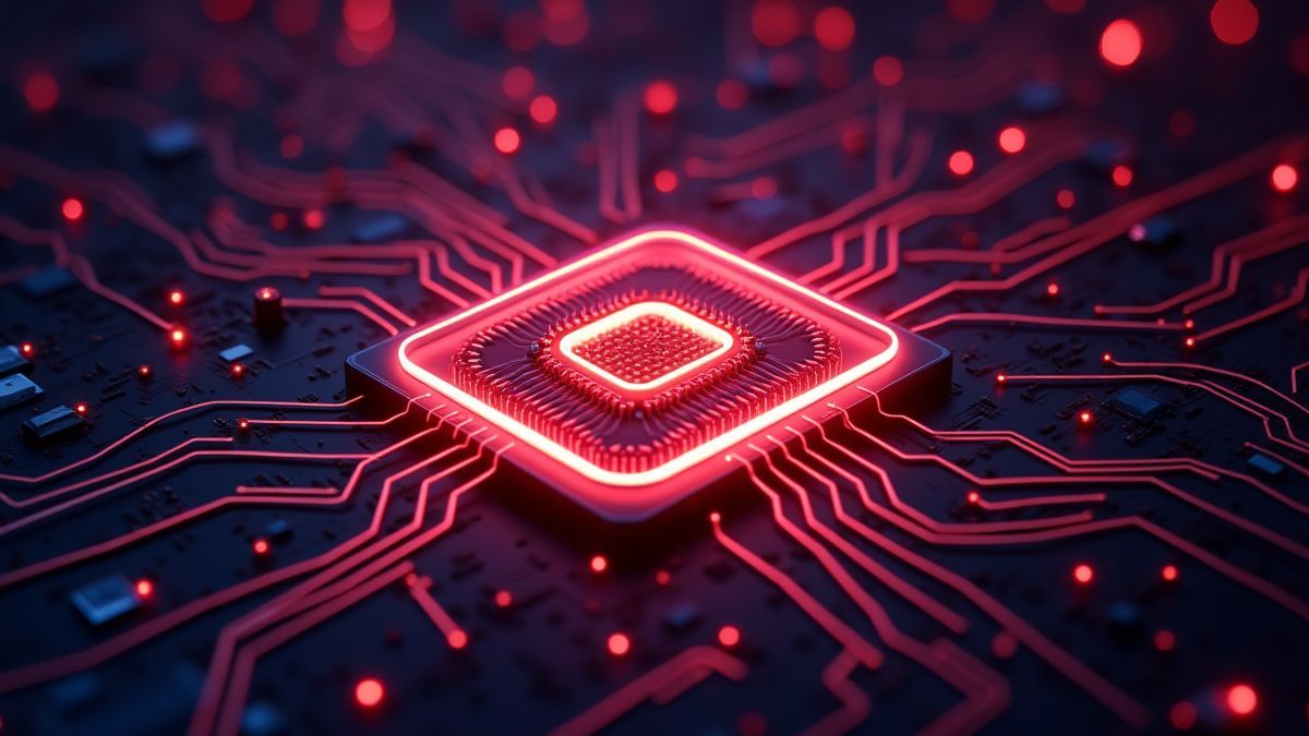Un chip CPU brillante rodeado de circuitos de neón.