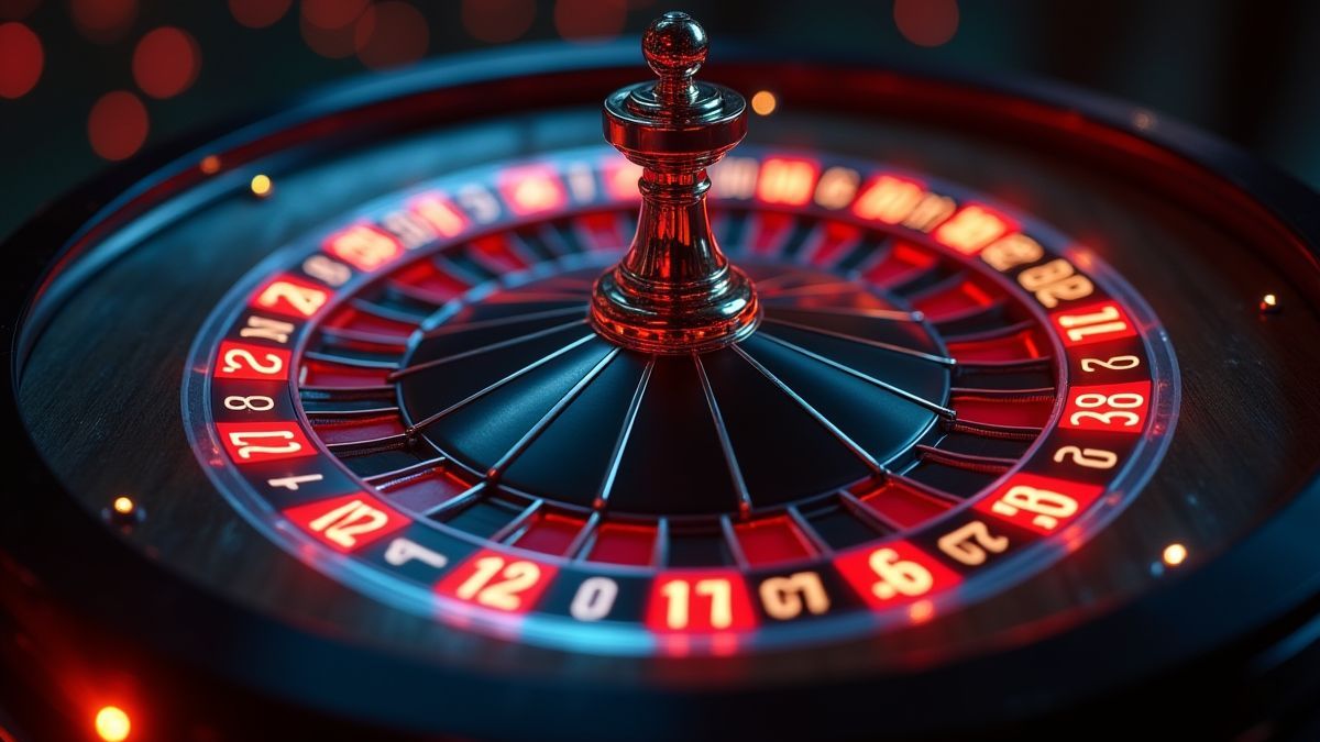 Roulette wheel with glowing numbers and futuristic design.