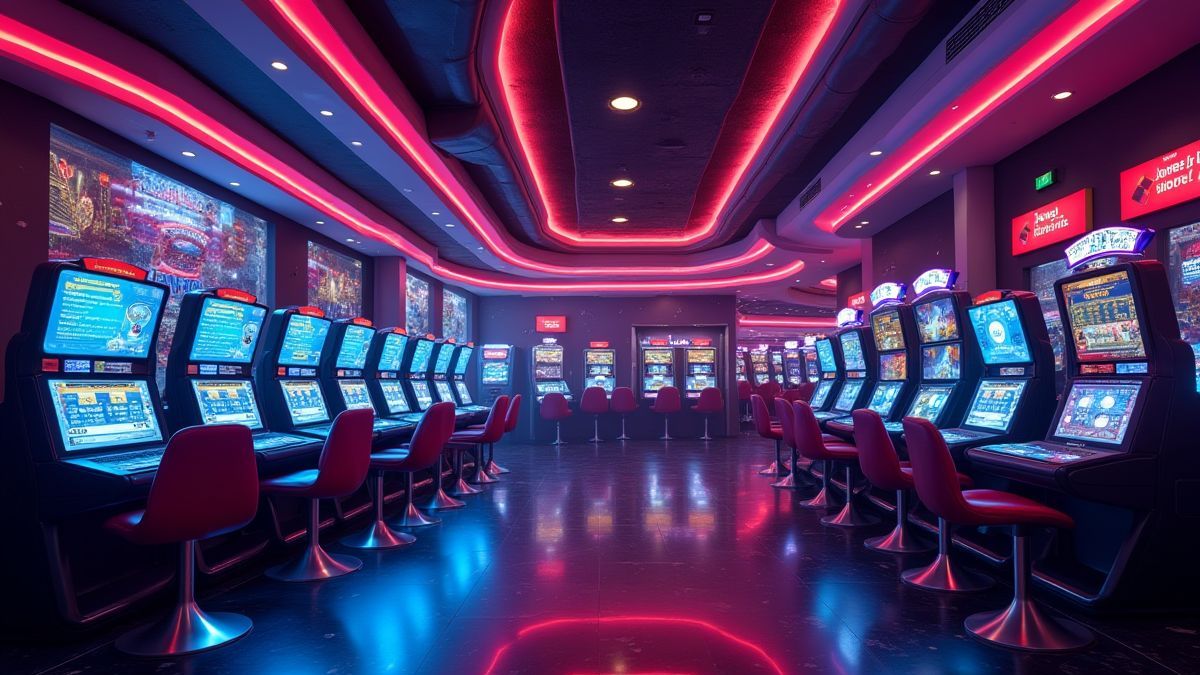 Interior of a futuristic casino with bright lights and digital screens.