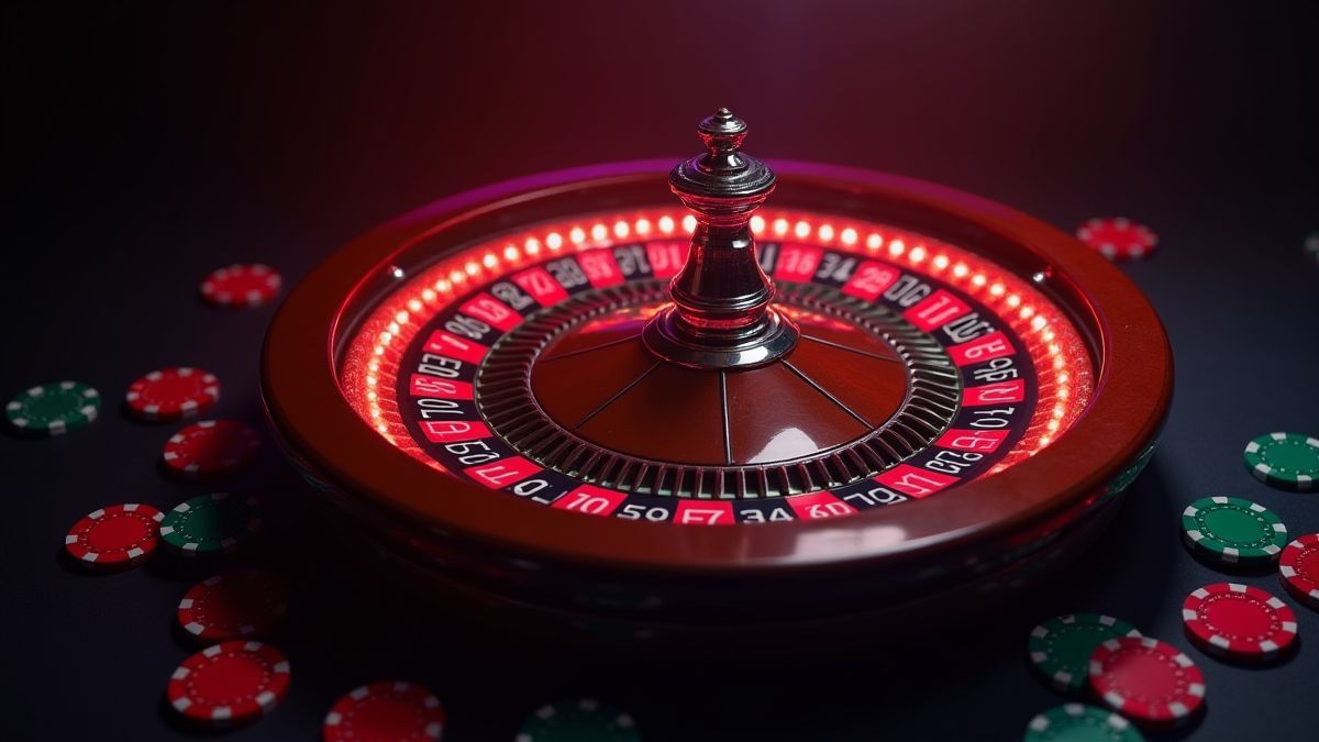 Verlichte roulette omringd door casino chips