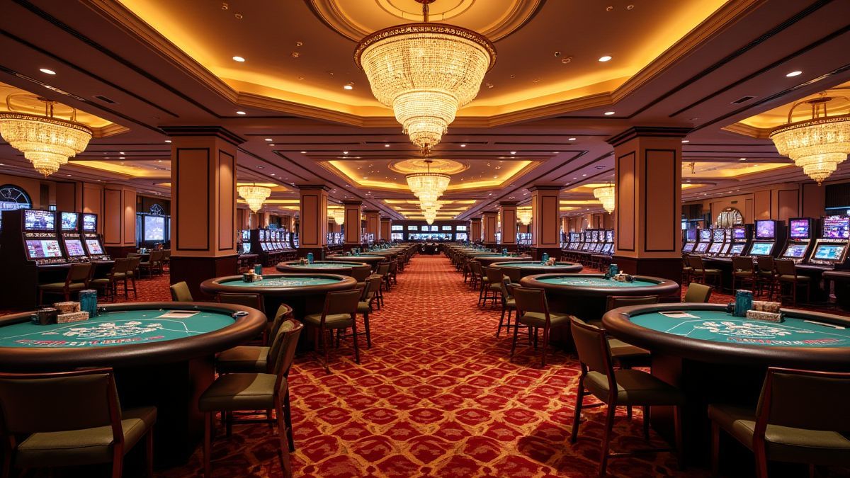 Innenansicht eines luxuriösen Casinos mit Spieltischen und Kronleuchtern.