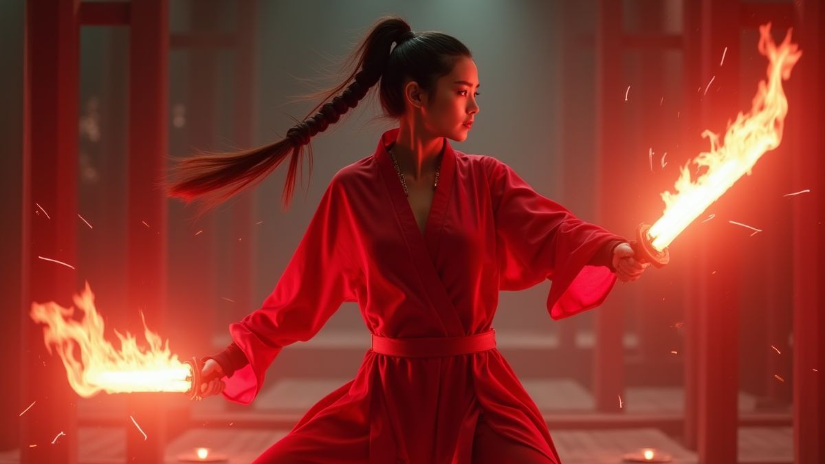 Elektra fighting with glowing swords in an epic battle.