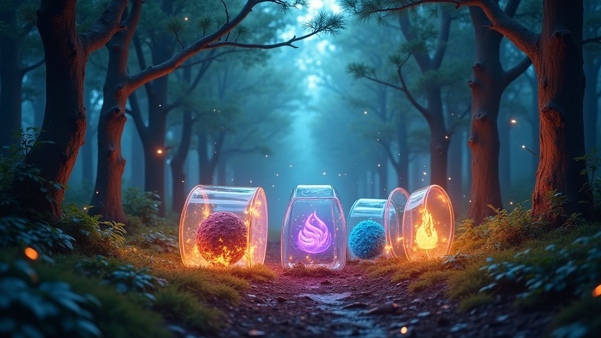 Bosque mágico con los elementos flotando.