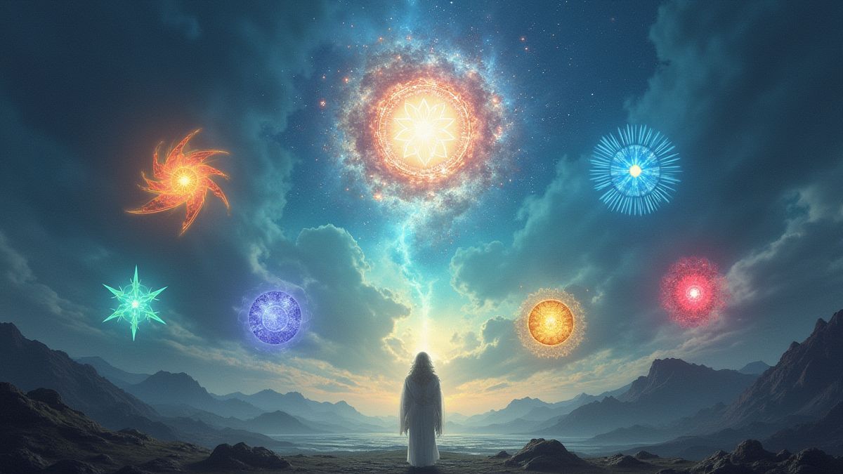 The seven elements fused in a magical landscape.