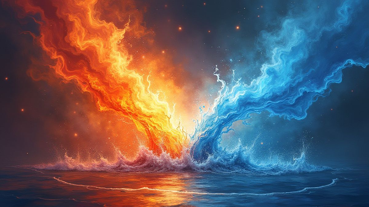 Fire and water elements in a magical clash.