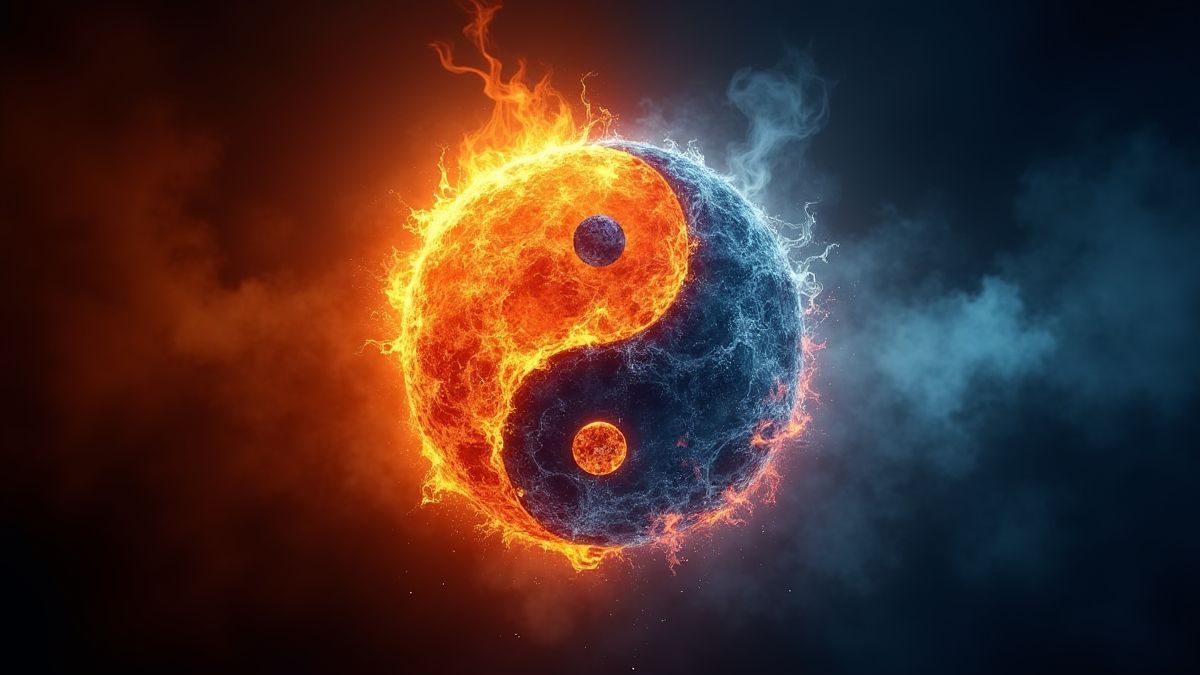 Símbolo de yin-yang rodeado de fogo e água brilhantes.