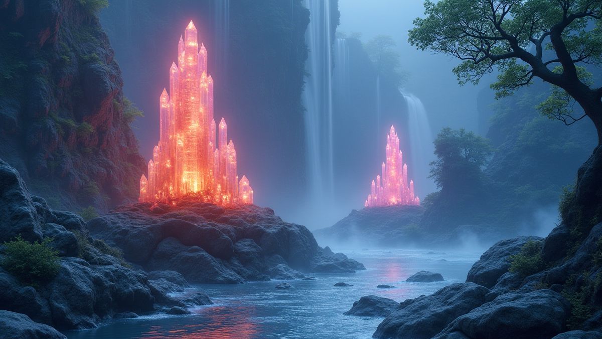 Paisagem asiática mística com água fluida e cristais elementais brilhantes.