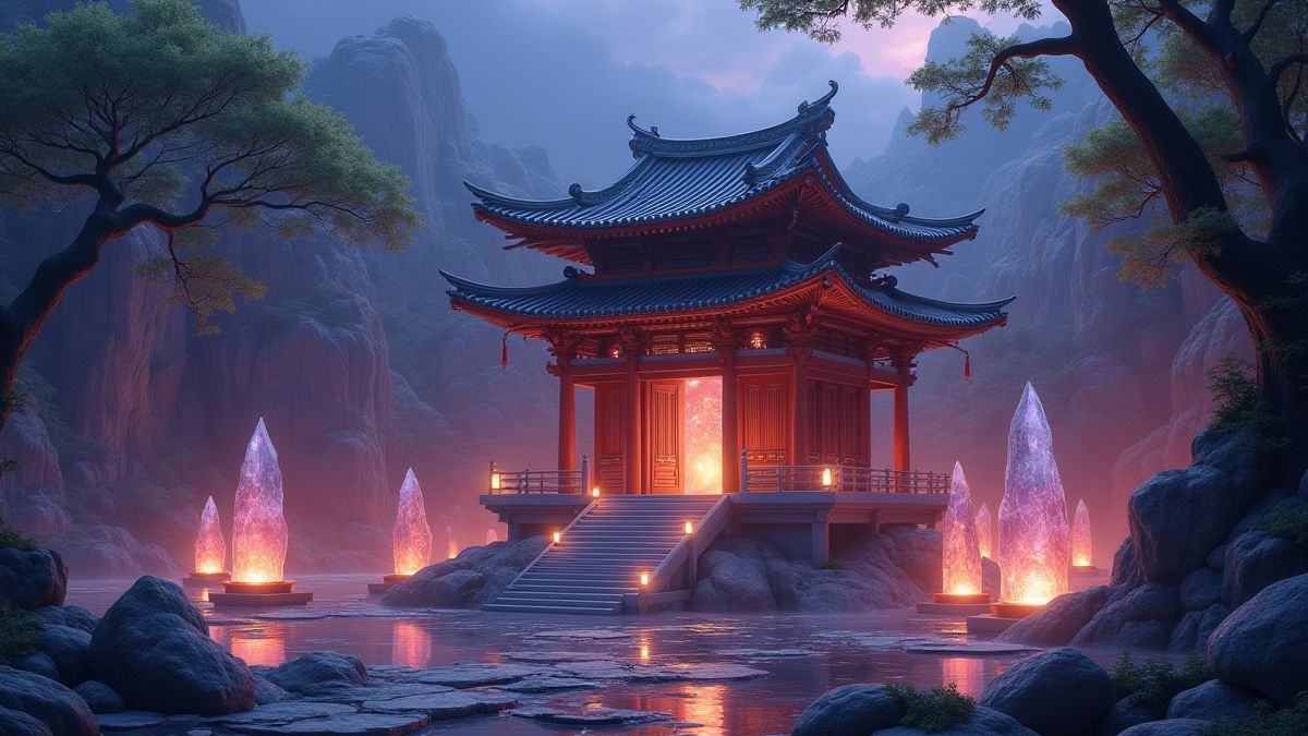 Templo asiático sereno rodeado de cristais brilhantes e uma atmosfera mágica.