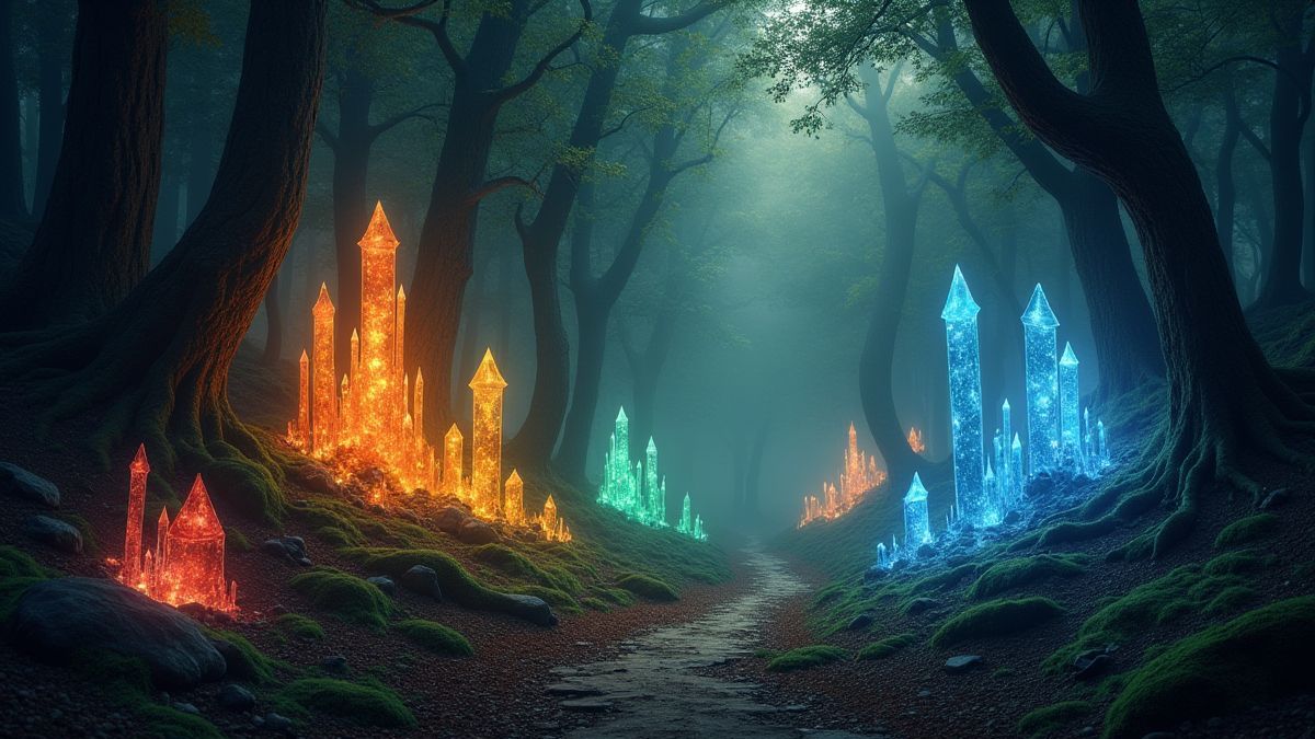 Um bosque místico com cristais brilhantes e representação dos quatro elementos.