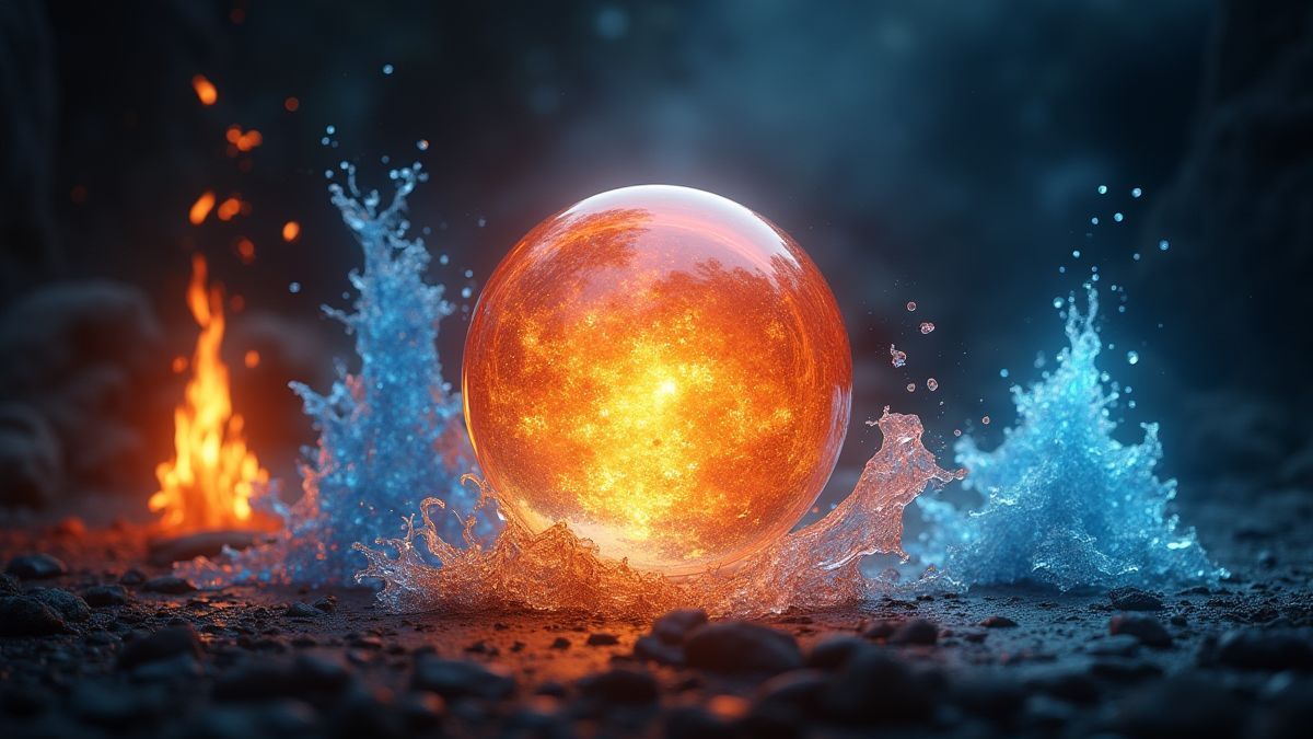 Uma bola de cristal brilhante rodeada dos quatro elementos.