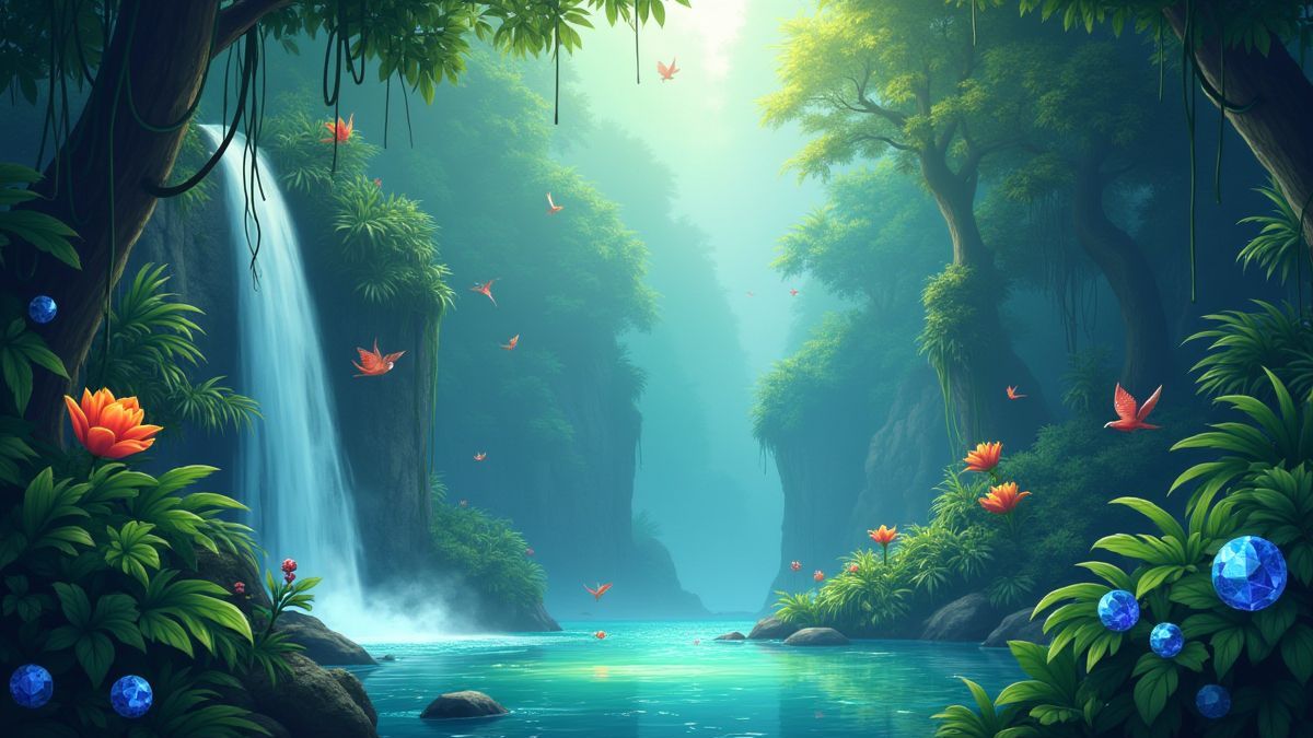 Lush jungle background with birds, waterfalls, and sparkling gems.