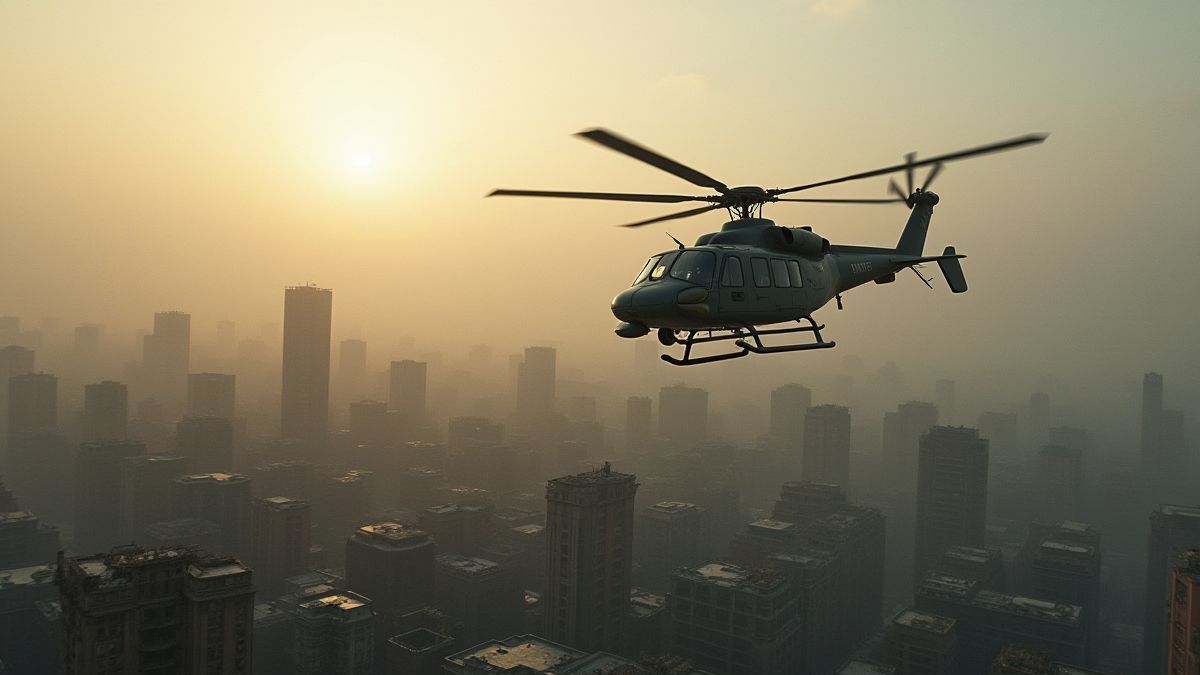 Helicopter flying over a ruined city.