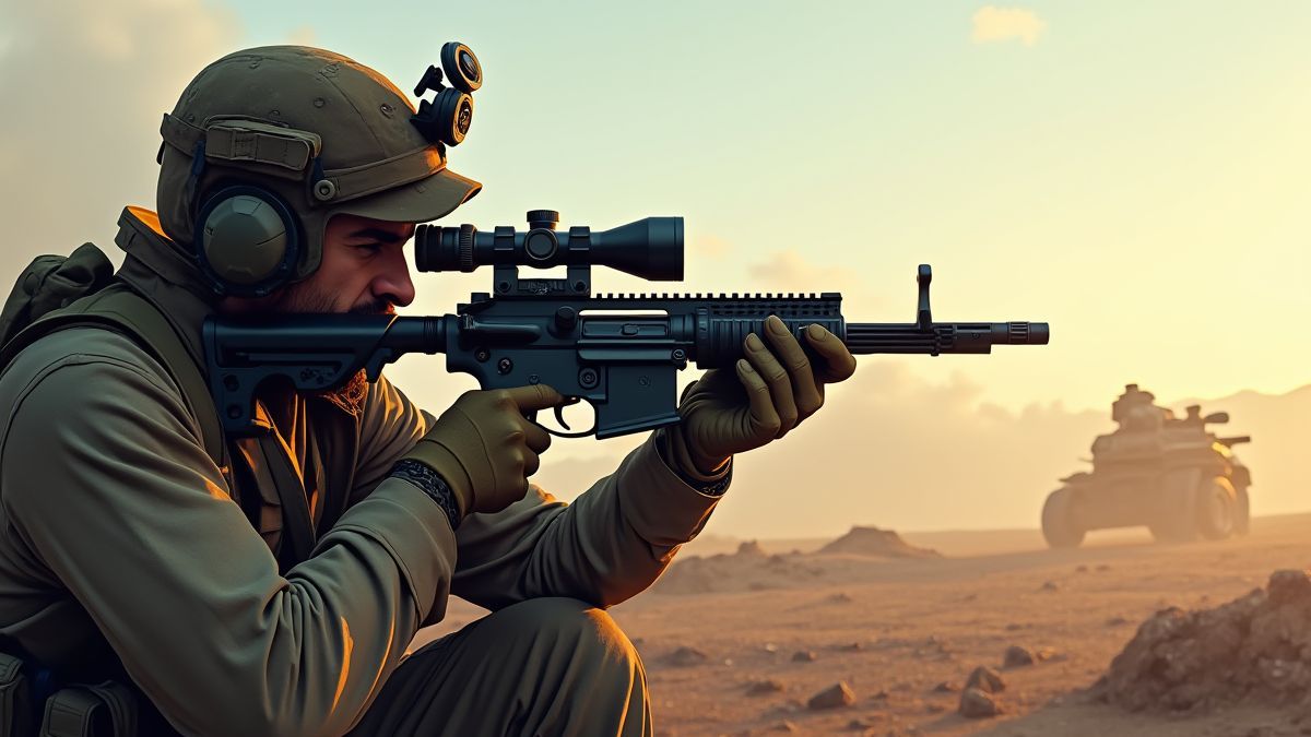 Sniper aiming in a battlefield.