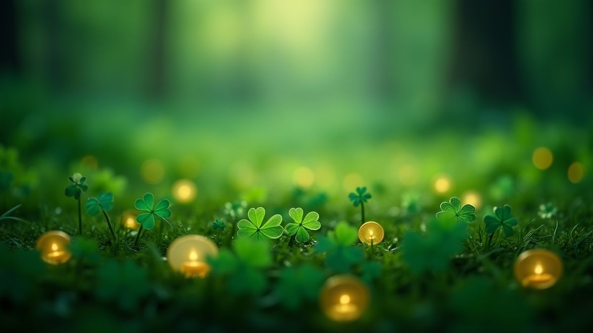 Campo irlandês encantado com trevos brilhantes e moedas mágicas.