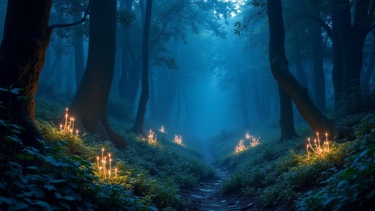 Een betoverd bos met sprankelende planten en magische lichten.