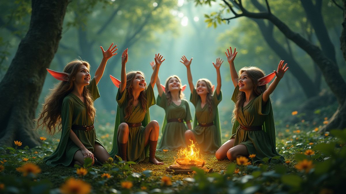 Een groep elfen die feestviert in een magisch bos.
