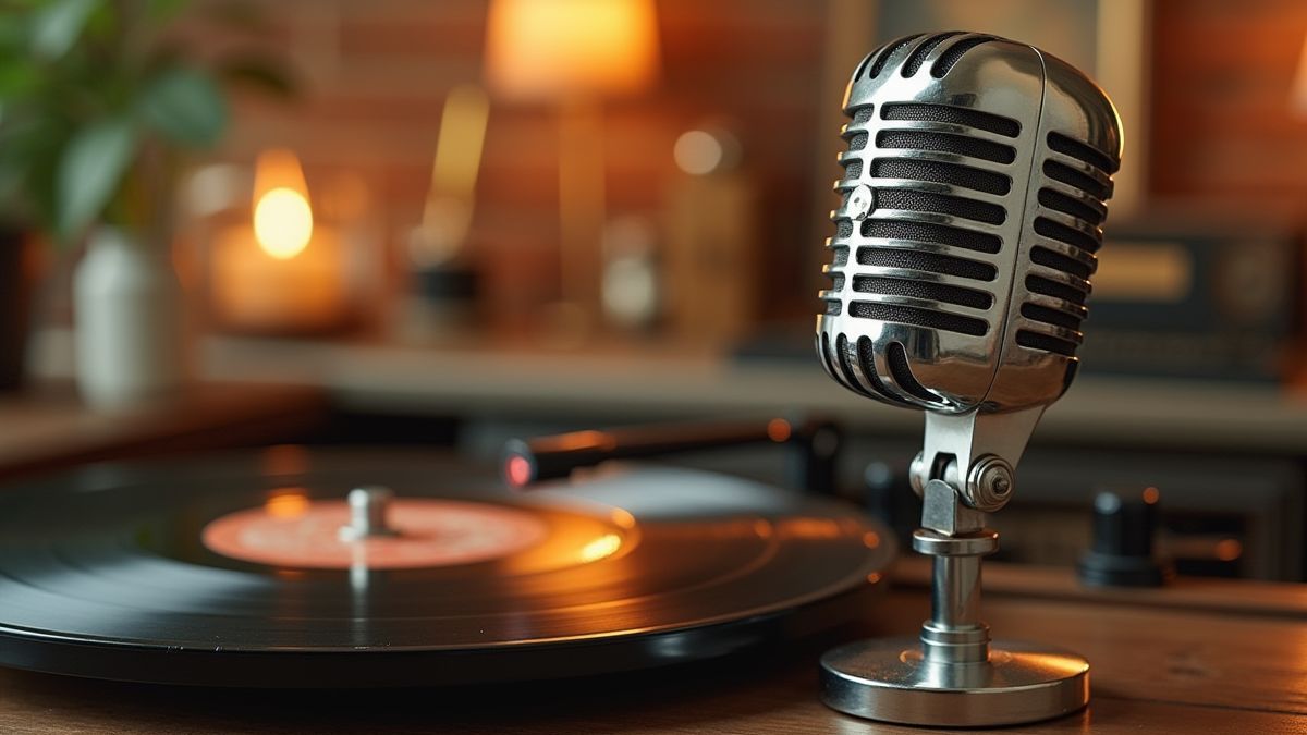 Un micrófono retro y un disco de vinilo de los años 50.