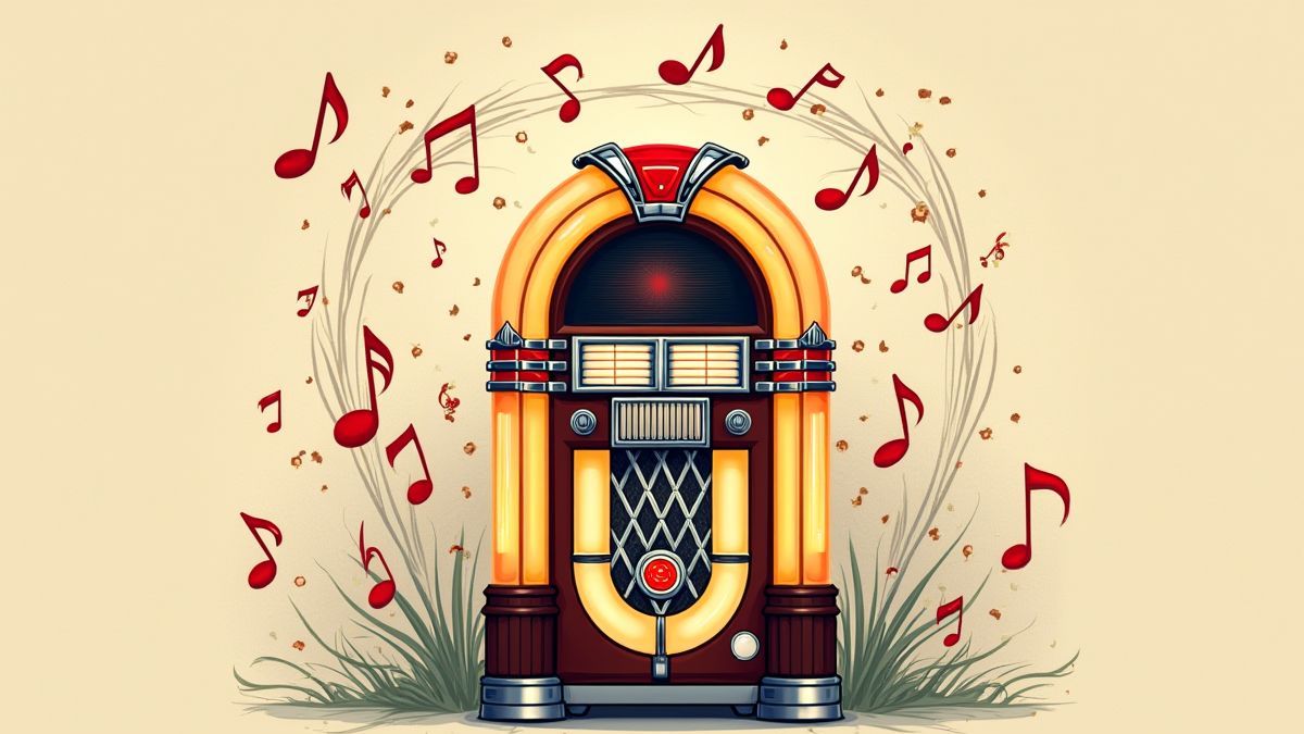 Una jukebox vintage rodeada de notas musicales.