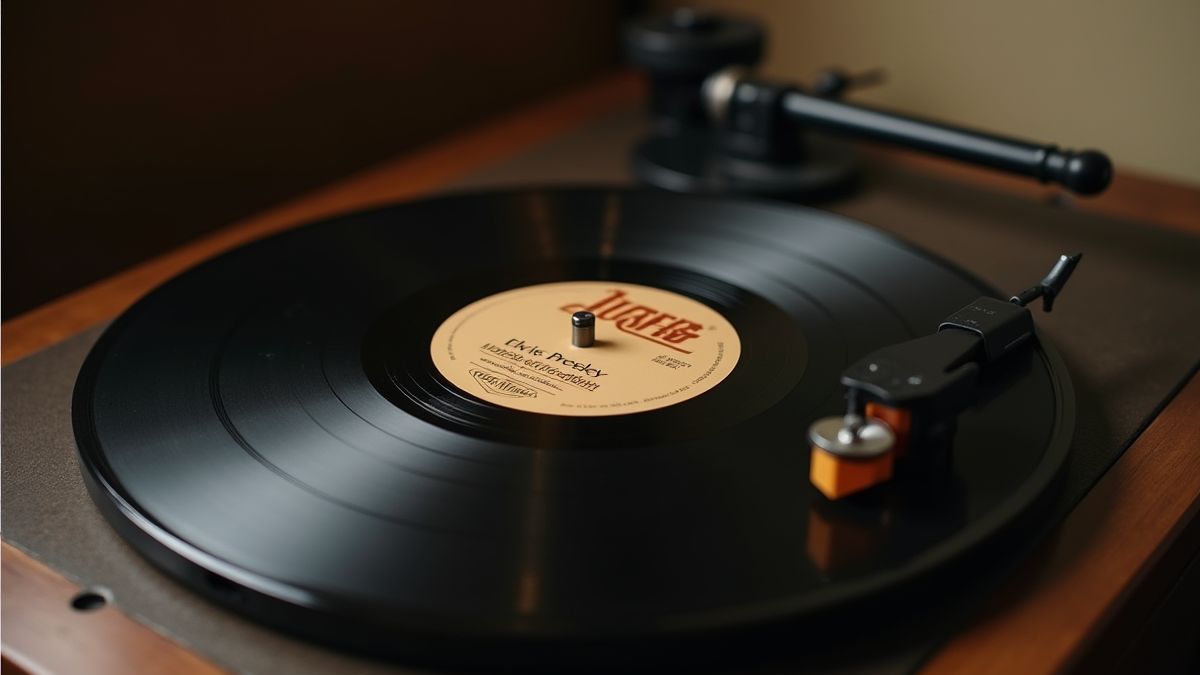 Vinilo retro girando con el nombre de Elvis Presley.
