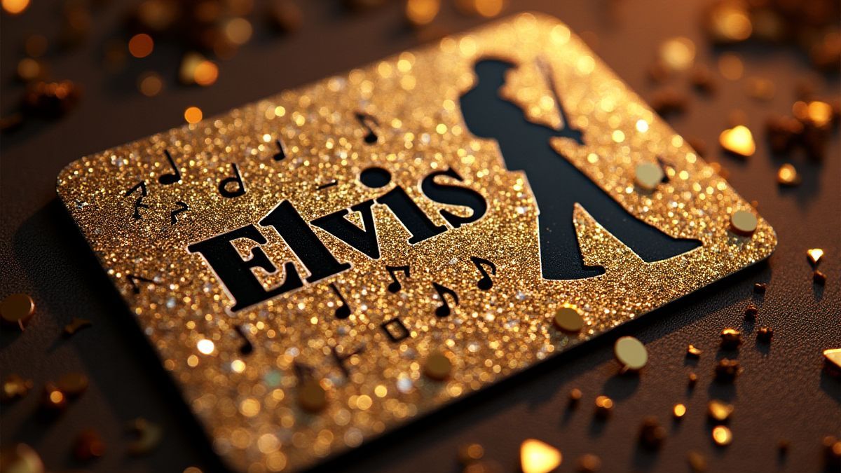 Tarjeta brillante con notas musicales y diseño de Elvis.