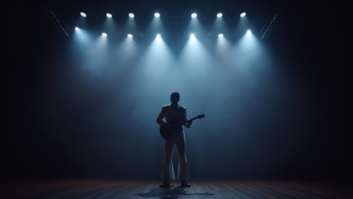 Escenario iluminado con la silueta de Elvis actuando.