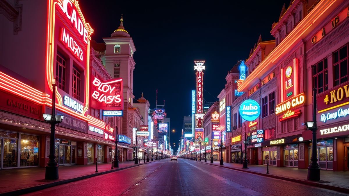 Une rue de Las Vegas illuminée avec des lumières de néon vibrantes.