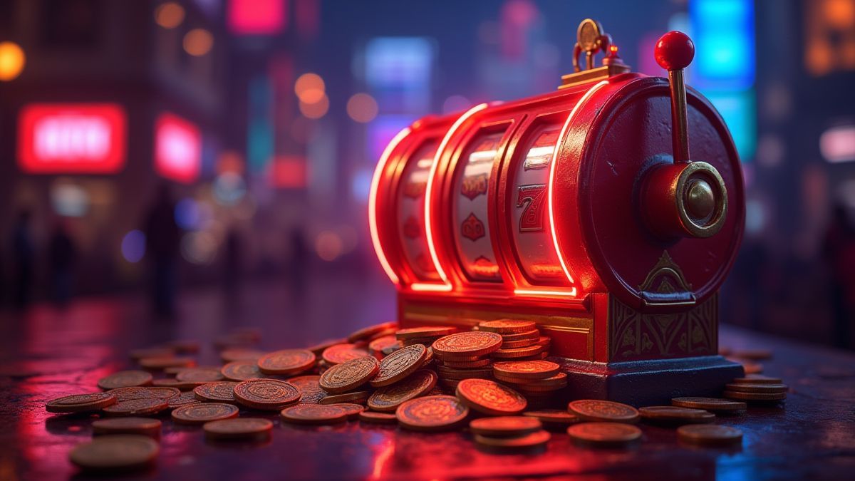 Une machine à sous géante avec des pièces et des lumières de néon.