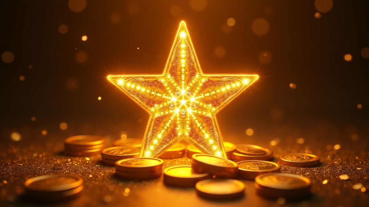 Estrela de Hollywood brilhante rodeada de moedas douradas.