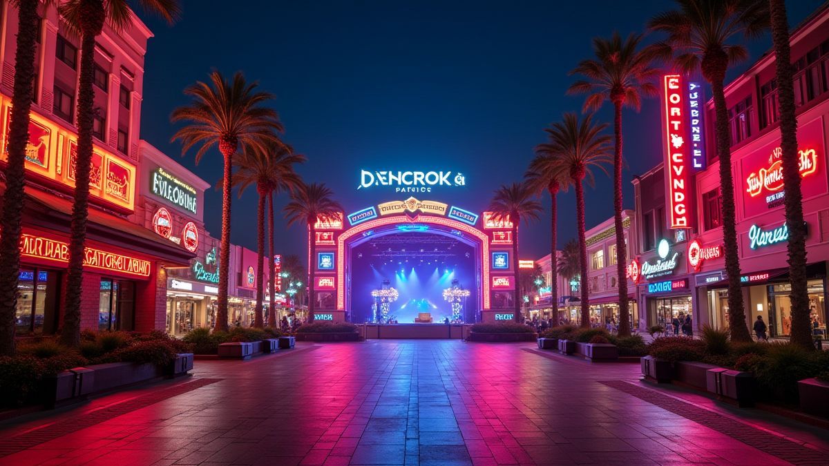 Uma rua estilo Las Vegas com luzes de néon e um palco.