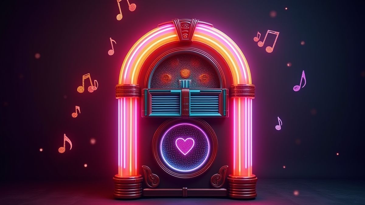 Retro jukebox with neon lights and musical notes.