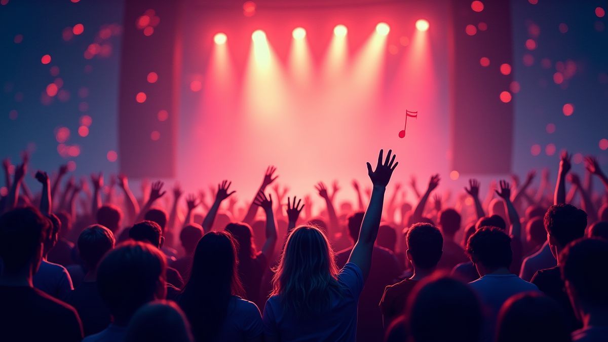 Crowd at a rock concert with glowing lights and musical notes.