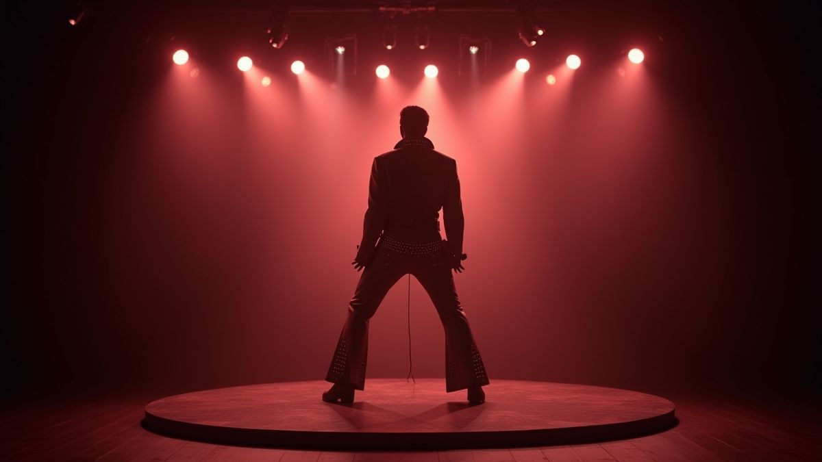 Retro stage with the silhouette of Elvis illuminated.