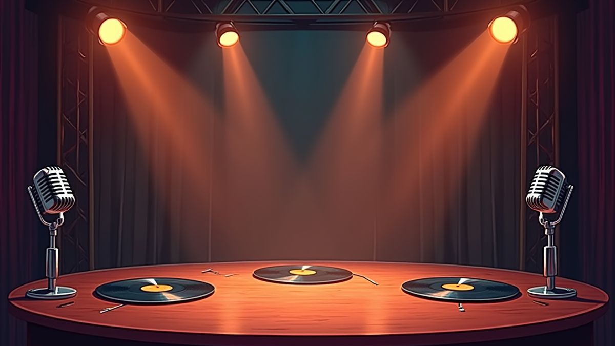 Retro-Bühne mit Mikrofonen und Schallplatten.