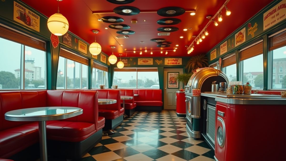 Imagen de un diner retro con vinilos y jukebox.