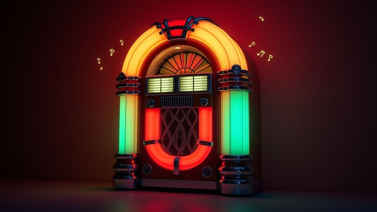Imagen de un jukebox vintage iluminado con notas musicales.