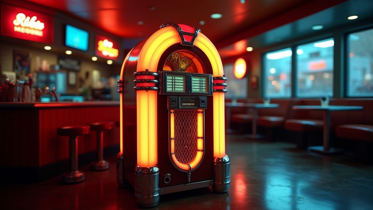 A retro jukebox illuminated with neon lights.