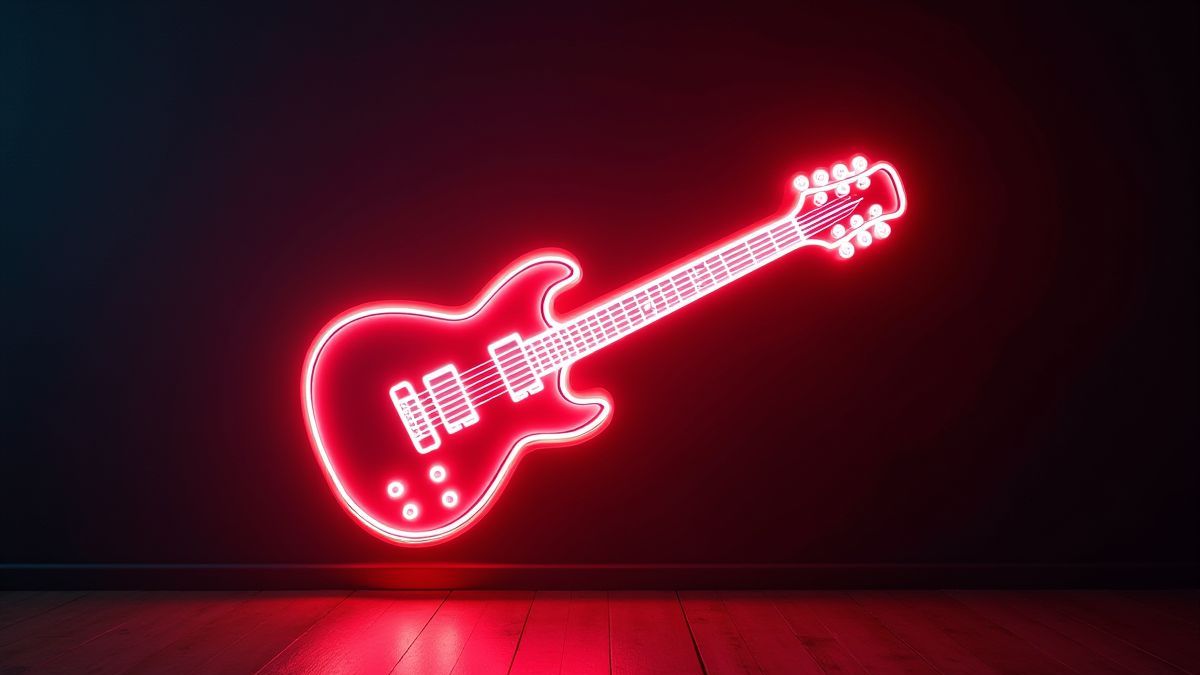 A glowing neon guitar on a retro stage.