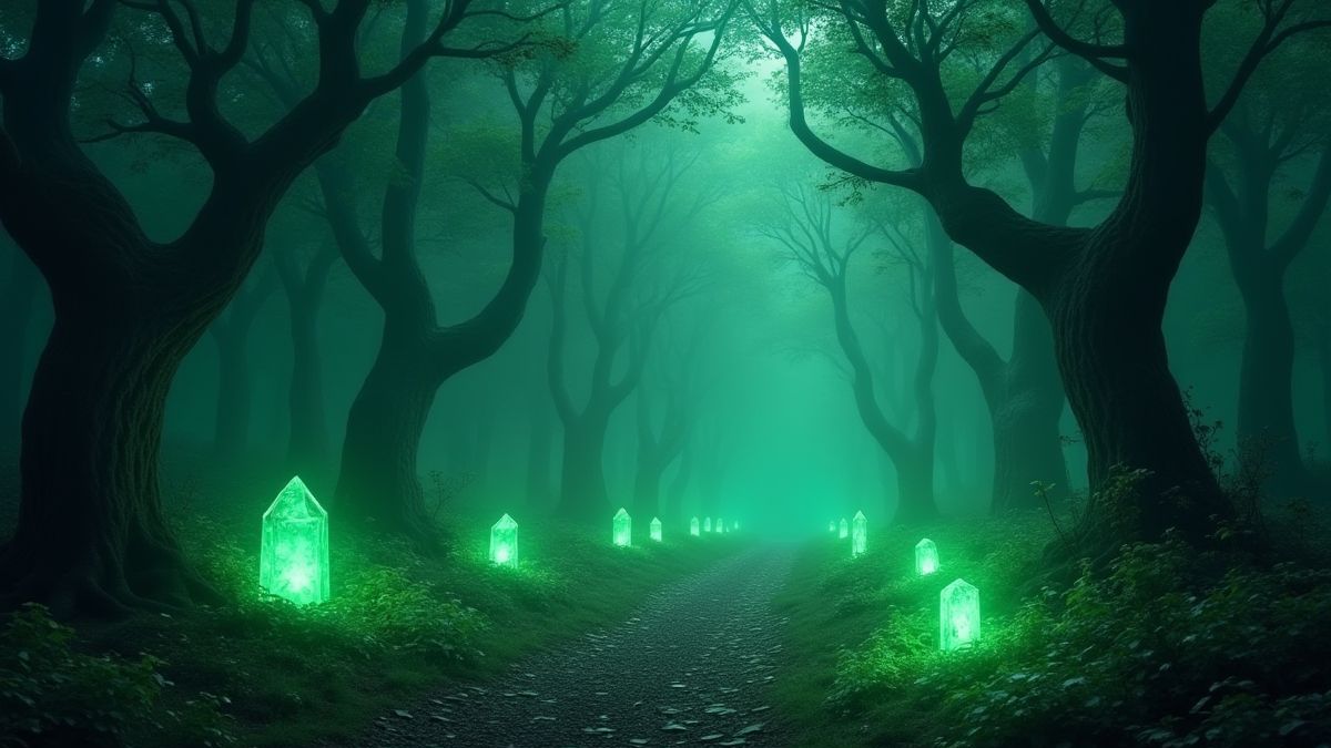 An enchanted forest with gemstones and magical light effects.