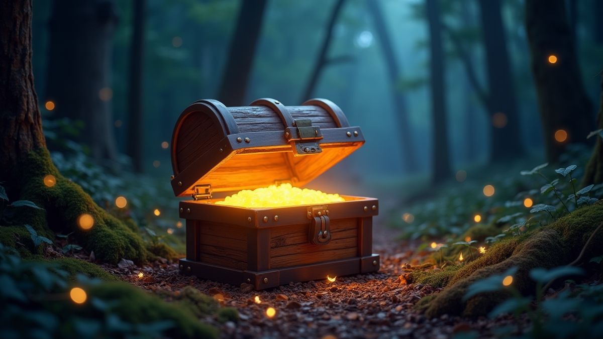 A glowing treasure chest in a magical forest environment.