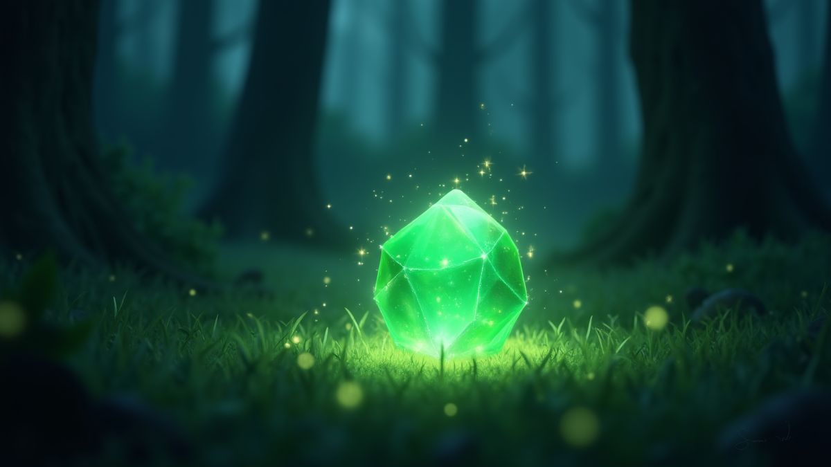 Glowing emerald surrounded by magical sparkles in a dark forest.