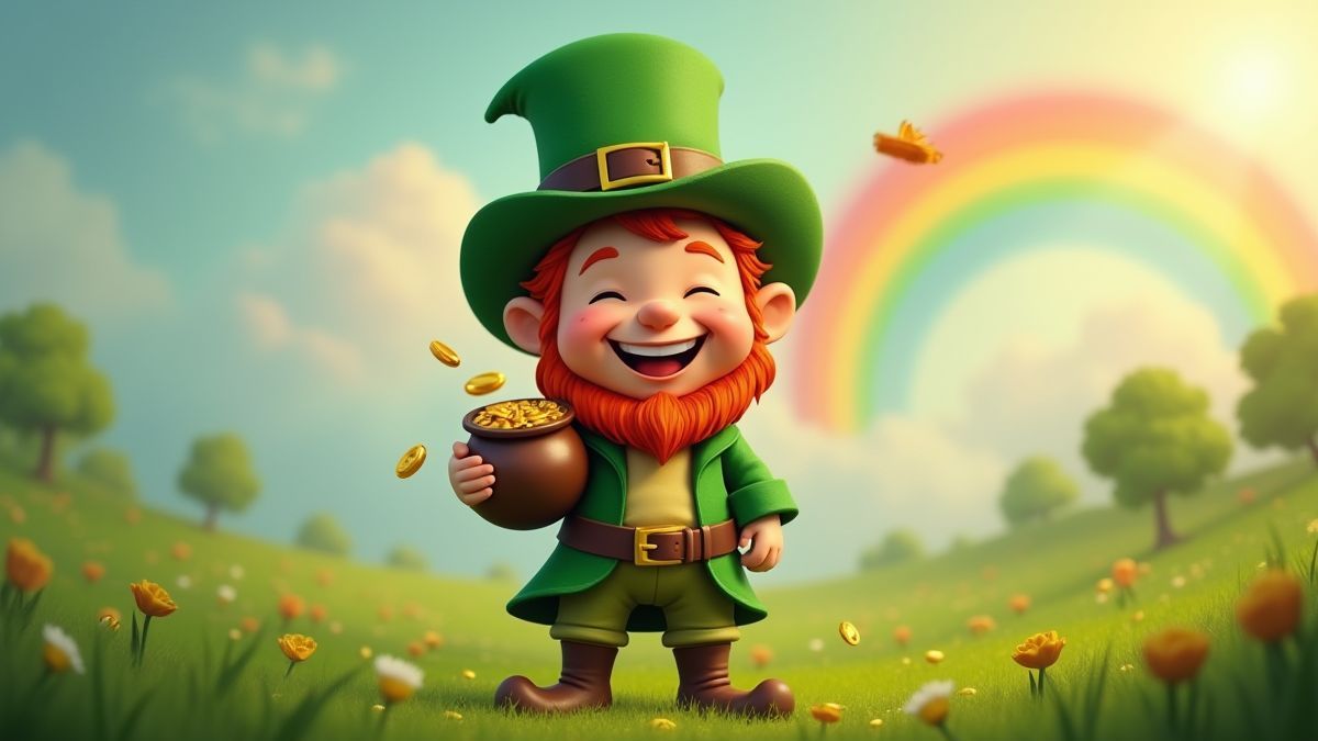 Leprechaun feliz con pote de oro bajo el arcoíris