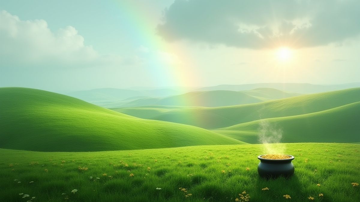 Paisaje irlandés con colinas verdes y pote de oro