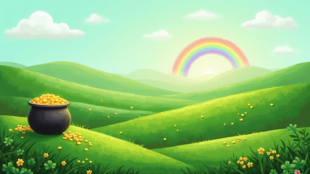 Paysage irlandais avec collines vertes, un arc-en-ciel et une casserole d'or.