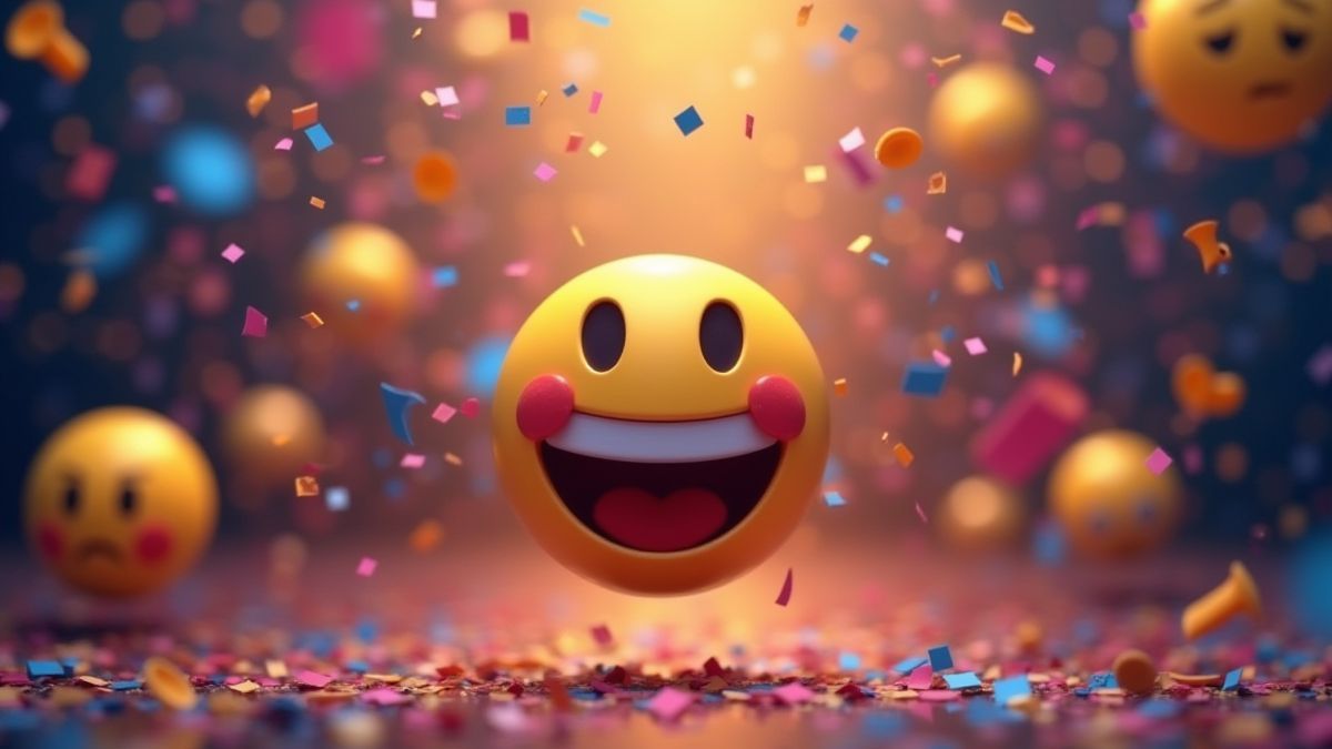 Emojis fallen wie Konfetti in einem digitalen Raum.