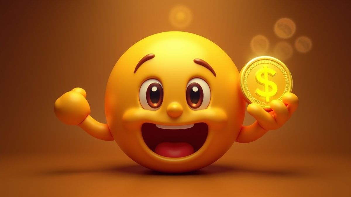 Emoji sorridente segurando uma moeda de jackpot brilhante.