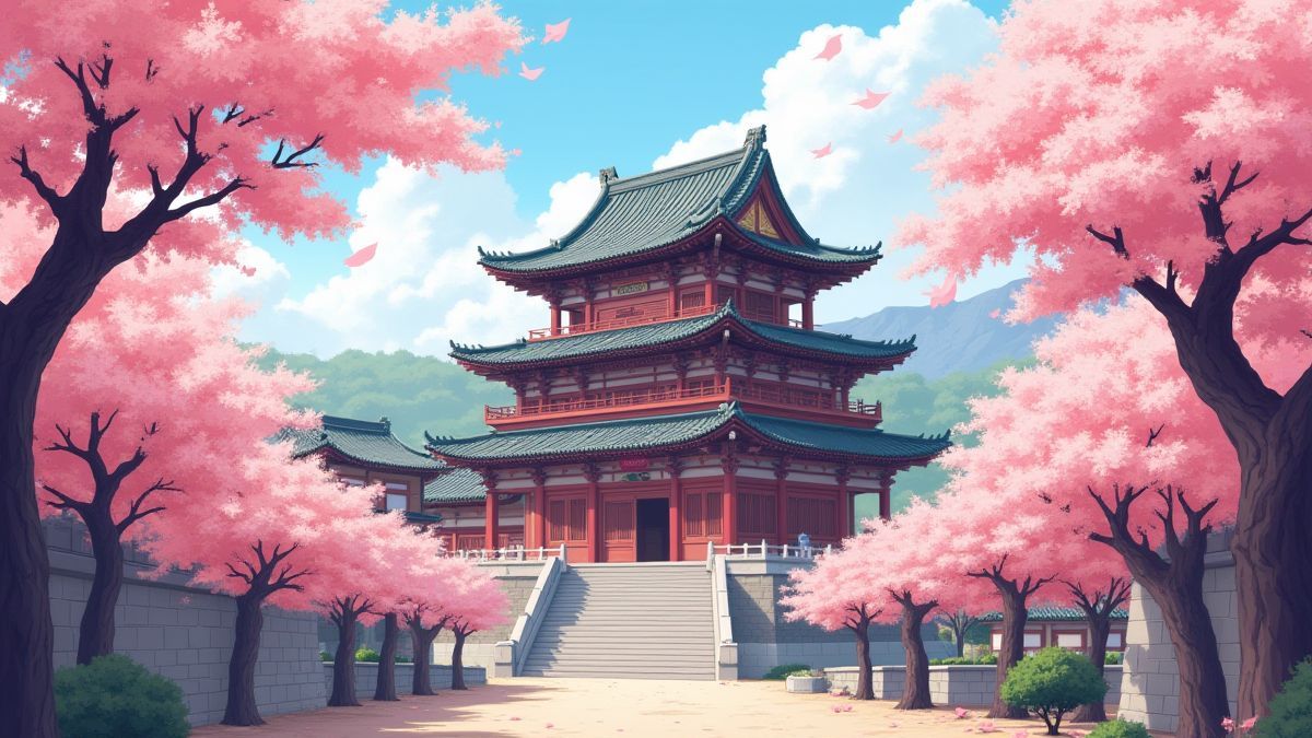 Un palacio oriental entre árboles de cerezo en flor.